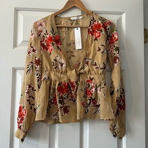 Floral Tie-Front Blouse in Tan with Red Accents